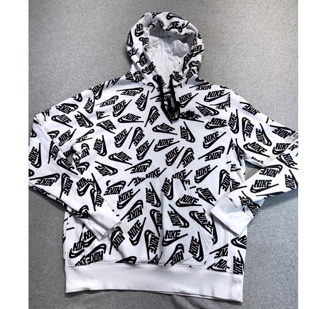 Nike Sportswear Mens Small White Black All Over Logo Hoodie Pullover Fleece